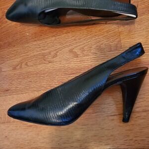 Martinez Valero Slingback Heels Pointed Toe Black Leather Size 8 M‎ vintage cond